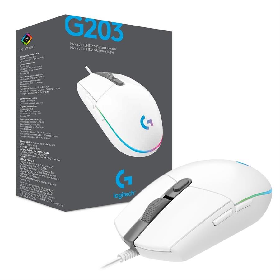 MOUSE USB LOGITECH G203 LIGHTSYNC WHITE GAMER GAMING